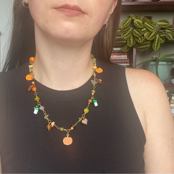 Pumpkin Patch Beaded Charm Necklace Fall Jewelry Mushroom Leaves Leaf Pendant - Picture 7 of 7